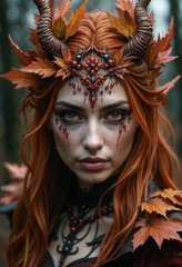 Enchanting Autumn Forest Sorceress with Fiery Red Hair and Horned Crown