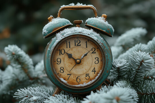 Vintage alarm clock resting on frosted pine branches in a serene winter setting