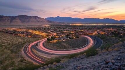 Winding Road Through a Suburban Neighborhood at Sunset