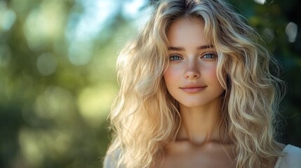 Naklejka premium Beautiful blonde woman with amazing curly long hair 