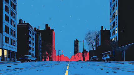 A deserted city street at night with tall buildings and a glowing red light in the distance.