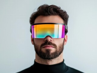 Obraz premium Gamer wearing hightech smart glasses, immersed in AR game, creative virtual interaction