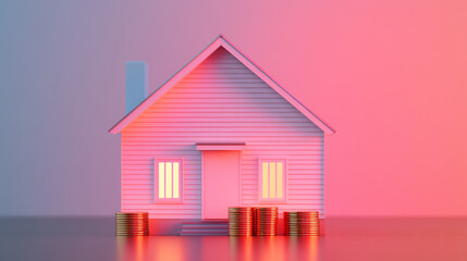 A modern house model with coins around it, representing real estate investment and financial growth in a stylish setting.