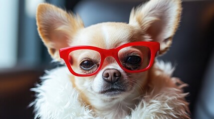 Stylish chihuahua wearing red glasses and a fluffy collar