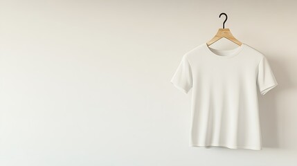 Mockup of a plain T-shirt on a wooden hanger, styled on a minimalist background for a clean look