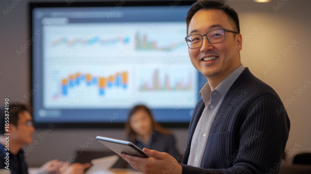 Leinwandbilder an asian man in a dark jacket smiles as he holds a tablet in his hands, standing in a conference roo