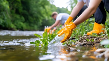 Volunteers in gloves cleaning plastic waste from river to save nature
