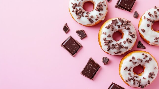 White glazed donut topped with dark chocolate treats on a pink backdrop Flat lay composition Food theme vibrant breakfast macro perspective