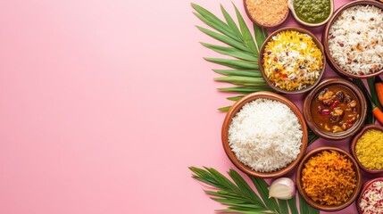 Traditional Onam sadhya rice served on a pink background Celebratory harvest festival food concept with space for banners posters or greeting cards Flat lay arrangement