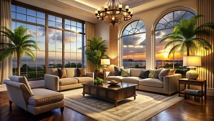 Luxurious Living Room with Large Window Overlooking Palm Beach - Elegant Interior Design