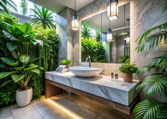 Fototapeta premium Luxurious Modern Bathroom with White Sink and Green Plants for Tropical Elegance