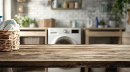 Aged wooden table for product presentation with a blurred washing machine in the background of a laundry space