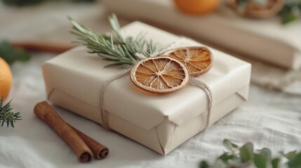 Eco-friendly gift wrapped in beige paper with dried orange slices, rosemary sprig, and cinnamon sticks	