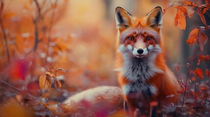 Fototapeta premium Portrait of a red fox surrounded by a colorful forest featuring its bright orange fur alert expression and a stunning natural environment highlighting wildlife photography