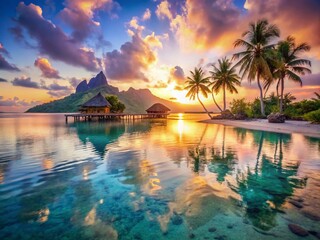 Fototapeta premium Luxury Beach Resort Double Exposure in Bora Bora - Summer Vacation Bliss