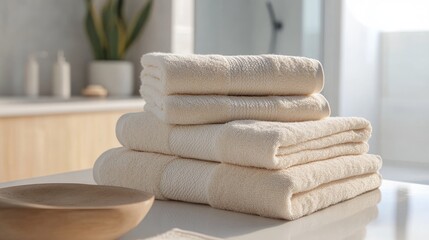 Stack of towels arranged on a light surface in a bathroom environment