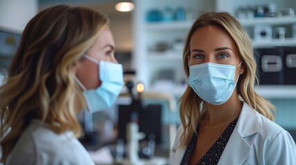 Contemporary Eye Care Consultation, a modern medical office featuring stylish furnishings, a female eye doctor consulting with a masked patient, emphasizing health and professionalism.