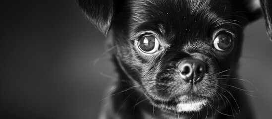 A Closeup Of The Face Of A Small Puppy In Black And White