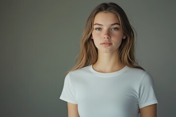 Obraz premium A stunning young woman in a fitted white T-shirt poses under studio lighting, with a clean black background.