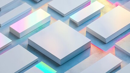 A collection of empty white rectangular mockups including A4 posters business cards and flyers arranged diagonally featuring a rainbow light refraction effect on a gray concrete surface Isometric 