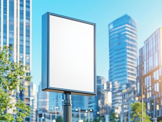 Obraz premium Empty lamp post banner, downtown cityscape, clear skies, high contrast, ideal for branding purposes