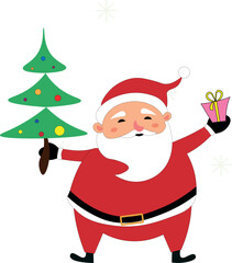 Cartoon Santa Claus with Christmas Tree and Gift