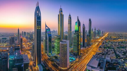 Dubai Skyline with Illuminated Skyscrapers and Traffic at Sunset