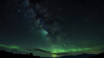A breathtaking view of the Milky Way galaxy and the Aurora Borealis dancing across the night sky. The stars shimmer brightly, illuminating the dark landscape below.