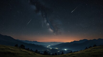 A breathtaking view of the Milky Way and shooting stars over a mountain range. The night sky is ablaze with stars, and the distant city lights create a warm glow on the horizon.