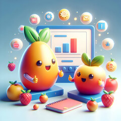 3D Fruit Financial Workshops Concept Two Engaging Fruits Conducting Interactive Financial Workshops Vibrant Setting Digital Elements Soft Bokeh Background 3D Icon Isolated White Background