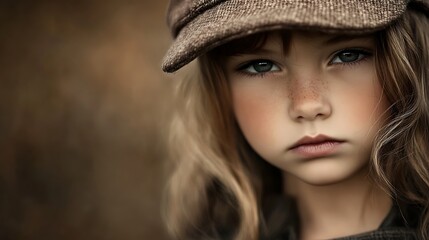 Portrait of a young girl with her cap angled sideways, partially covering her face, against a soft, blurred background