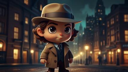 A cartoon detective in a trench coat and fedora stands in a dimly lit city street. The character has large eyes and a serious expression, suggesting a mystery to be solved.