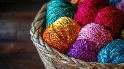 Close up of vibrant wool yarn bundles in a wooden basket highlighting a warm and inviting crafting theme