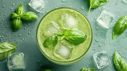 Aerial view of a refreshing green basil smoothie with ice cubes topped with fresh basil leaves