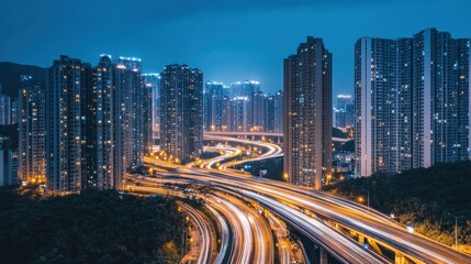 Obraz premium Urban Skyline and Intertwining Highways at Night