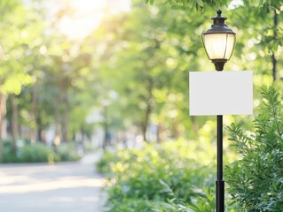Modern lamp post with blank banner, urban park scene, bright daylight, customizable advertisement space