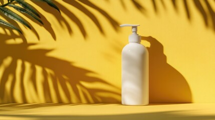 White plastic pump bottle mockup on a yellow background featuring shadowy fern leaves Ideal for showcasing dispenser designs shampoo branding and packaging labels