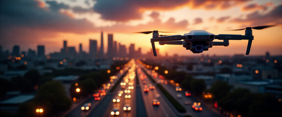 A drone captures the sunset view of a bustling cityscape with traffic flowing along the road, showcasing modern urban life