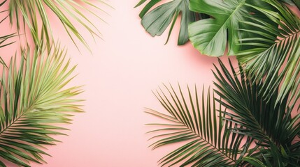 Tropical palm leaves against a pastel pink backdrop Summer theme Flat lay composition overhead view blank space for text