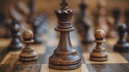 A wooden chess piece is in the middle of a chess board