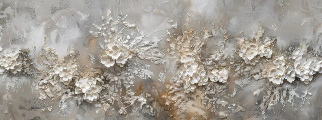 Elegant abstract floral artwork featuring textured white blooms against a muted gray background, evoking a serene and sophisticated atmosphere.