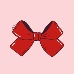 Cute ribbon bow clipart. Coquette girly decoration. Hand drawn silk tape accessory. Vintage fashion element in red color. Vector illustration