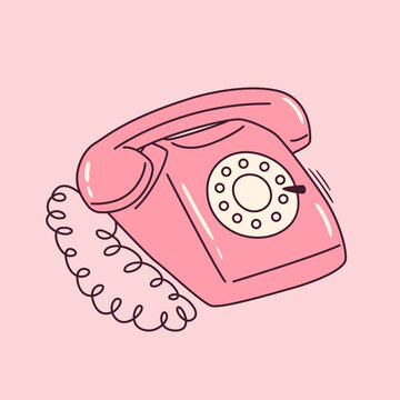 recommend clip art: Retro dial telephone in pink color. Vintage wire phone contour drawing. Old electronic device. Cute vector clipart