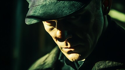 Man wearing a cap angled downward, casting dramatic shadows on his face, with an industrial backdrop