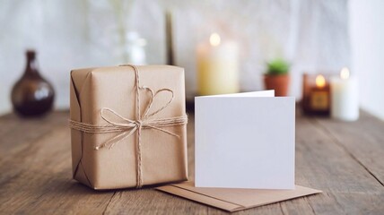 Gift box on a table, wrapped in brown paper and tied with twine. Greeting card template with copy space.