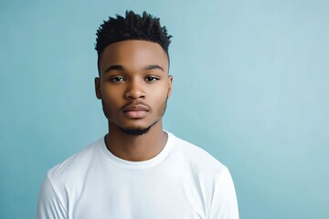 Obraz premium A young African American man in casual athleisure stands confidently under studio lighting, with a plain light-blue background.