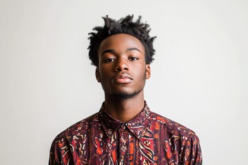 Fototapeta premium A young African American man in a bold patterned shirt is highlighted by soft studio lighting, with a simple white background.