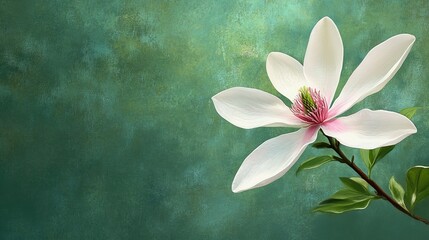 Digital artwork featuring a star magnolia flower displaying white petals with pink stamens against a lush green backdrop