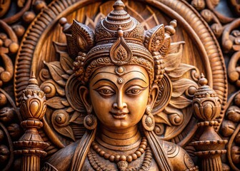 Obraz premium Macro Photography of Wooden Hindu Goddess Durga Idol in Selective Focus with Negative Space for Cultural and Artistic