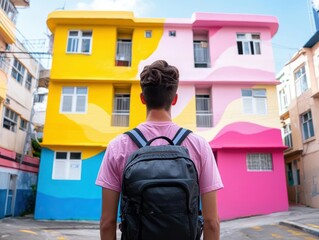 Person admiring colorful urban buildings with vibrant mural art.